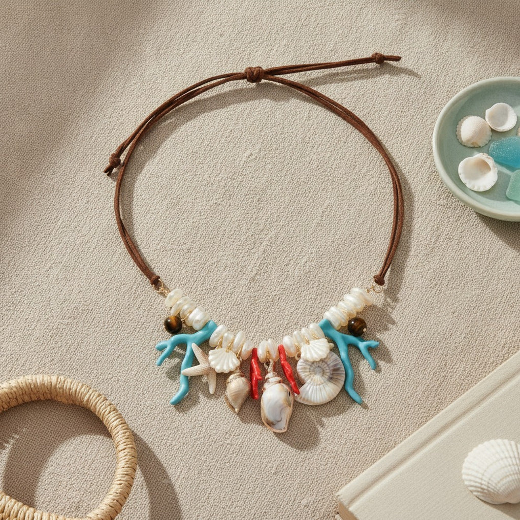 Bohemian Seashell Coral Pearl Necklace – jewelry (view 2)