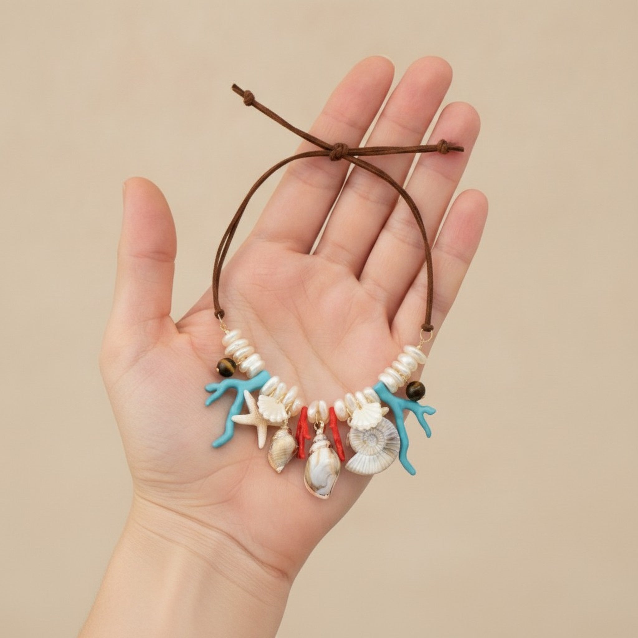 Bohemian Seashell Coral Pearl Necklace – jewelry (view 3)