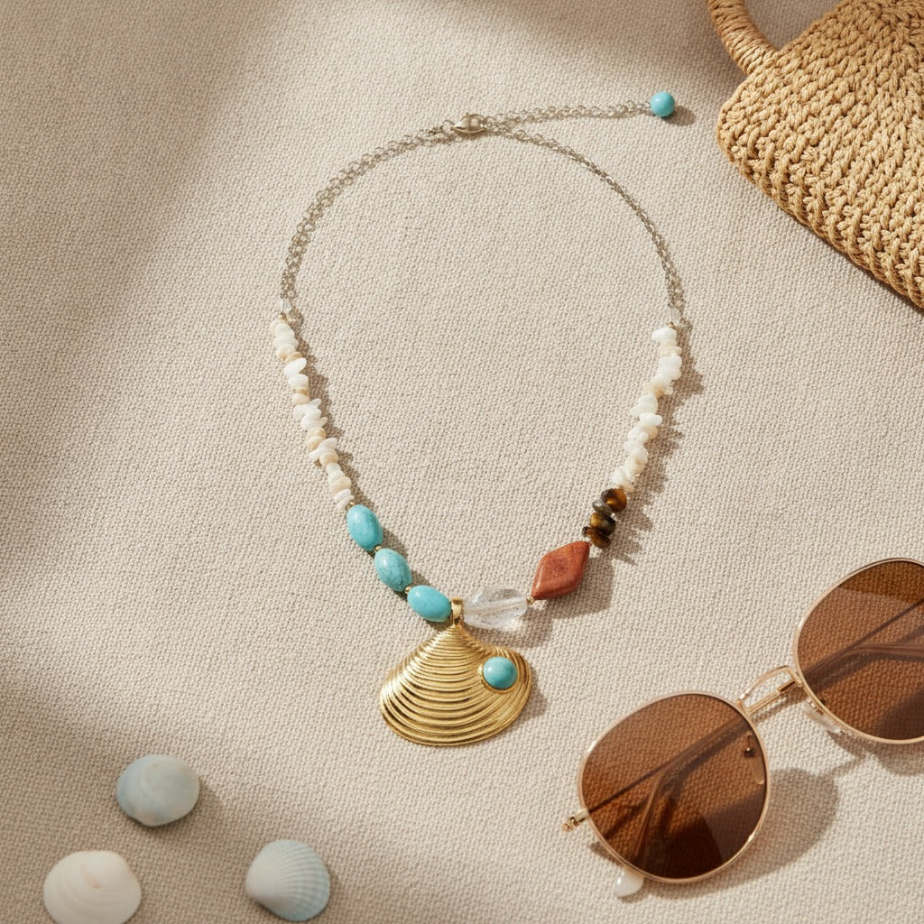 Boho Coastal Seashell Beaded Necklace – jewelry (view 2)