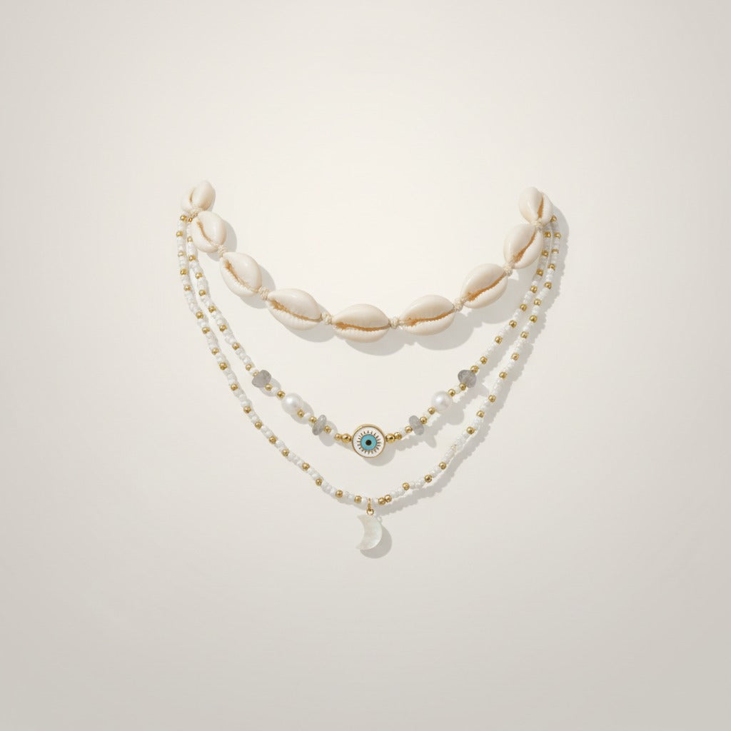 Layered Shell Evil Eye Moon Charm Necklace – jewelry (view 1)