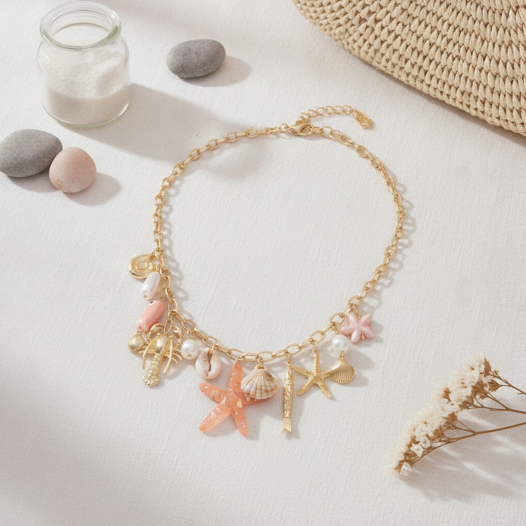 Gold Ocean Charms Statement Necklace – jewelry (view 2)