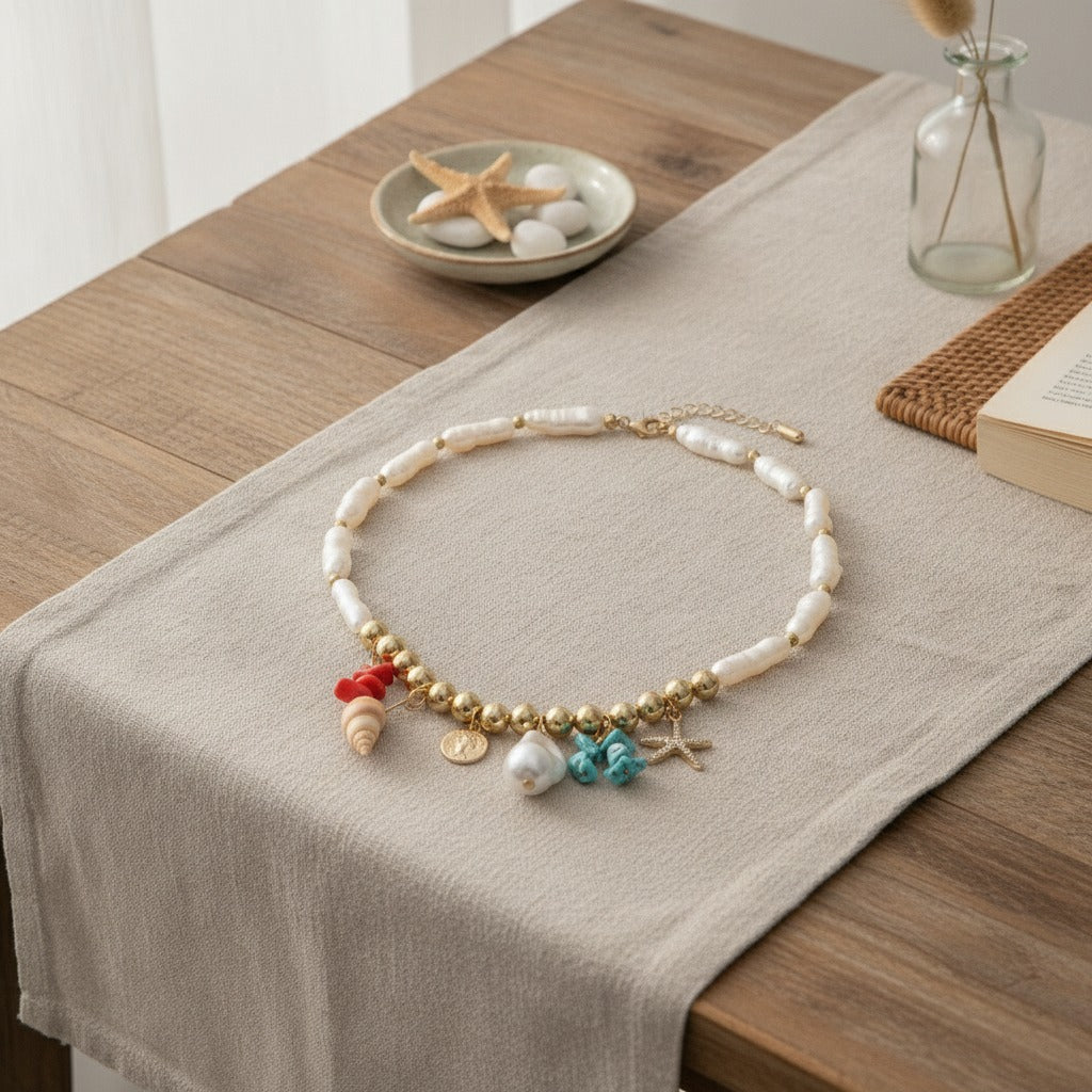 Coastal Pearl & Gold Charm Necklace – jewelry (view 2)