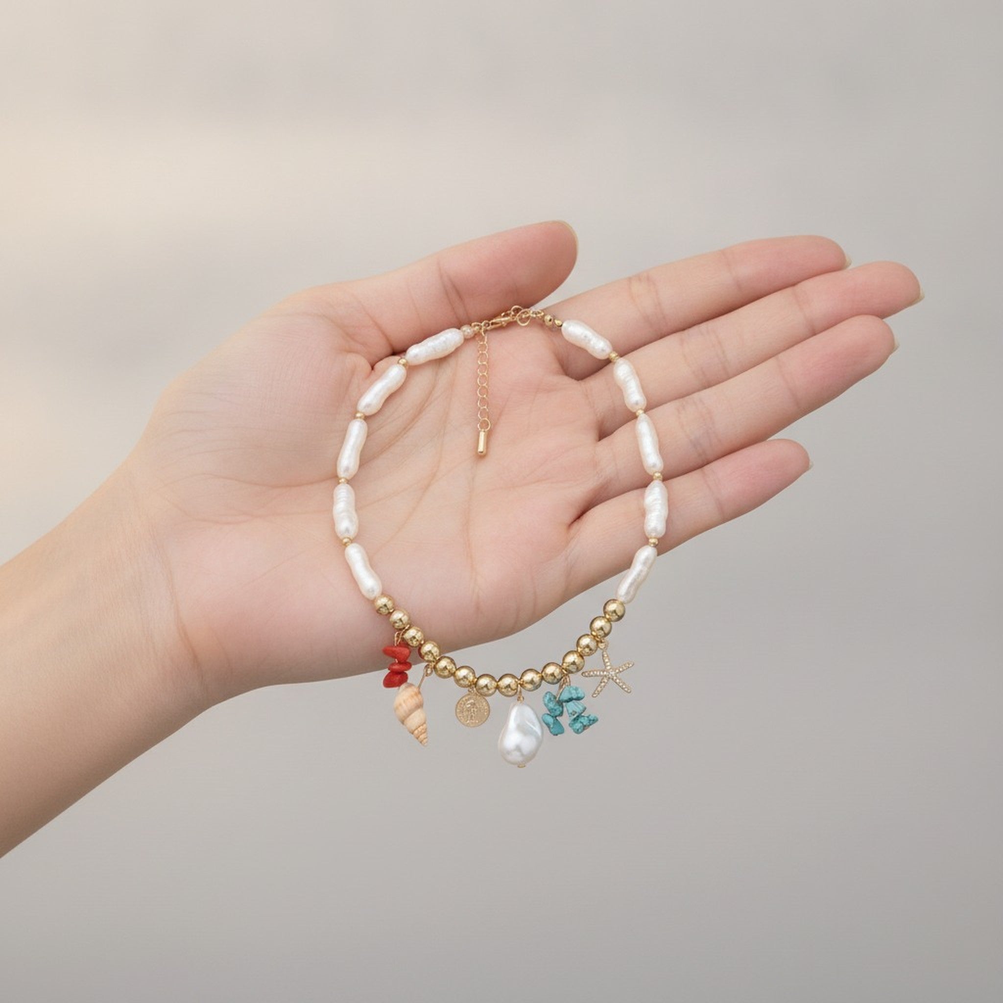 Coastal Pearl & Gold Charm Necklace – jewelry (view 3)