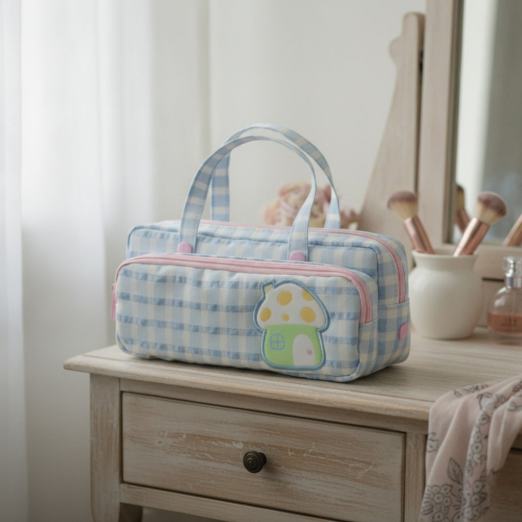 Cute Gingham Mushroom Dual-Zip Pencil Case – stationery (view 3)