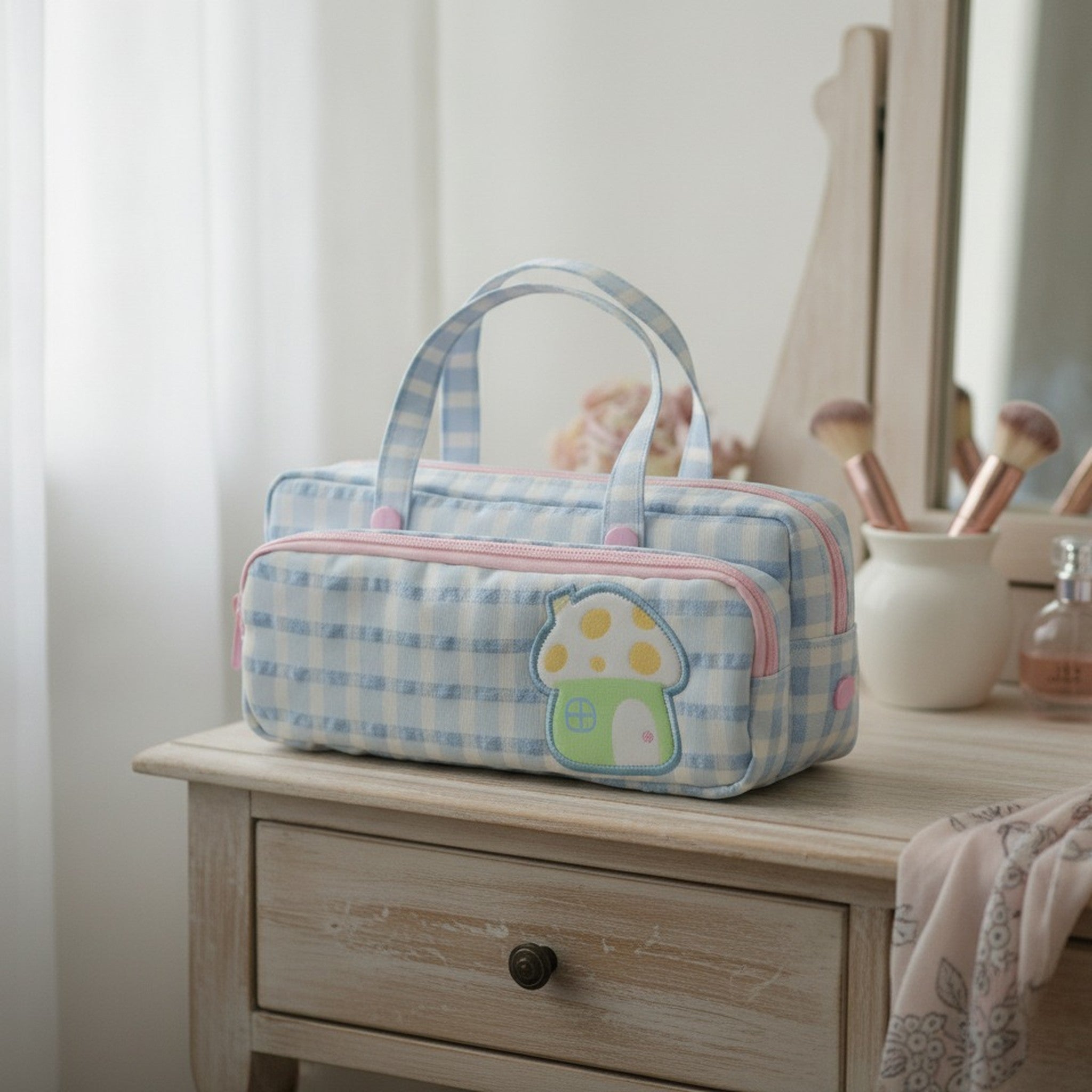 Cute Gingham Mushroom Dual-Zip Pencil Case – stationery (view 3)