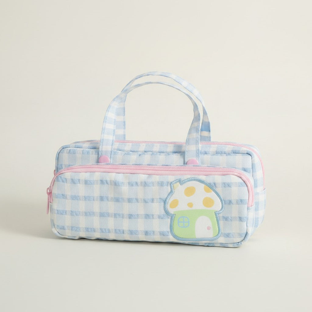 Cute Gingham Mushroom Dual-Zip Pencil Case – stationery (view 1)