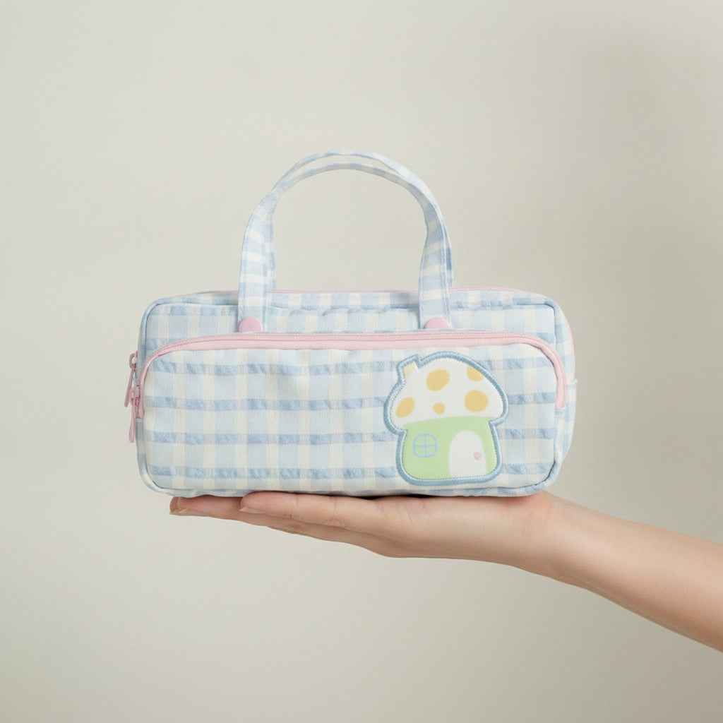 Cute Gingham Mushroom Dual-Zip Pencil Case – stationery (view 4)