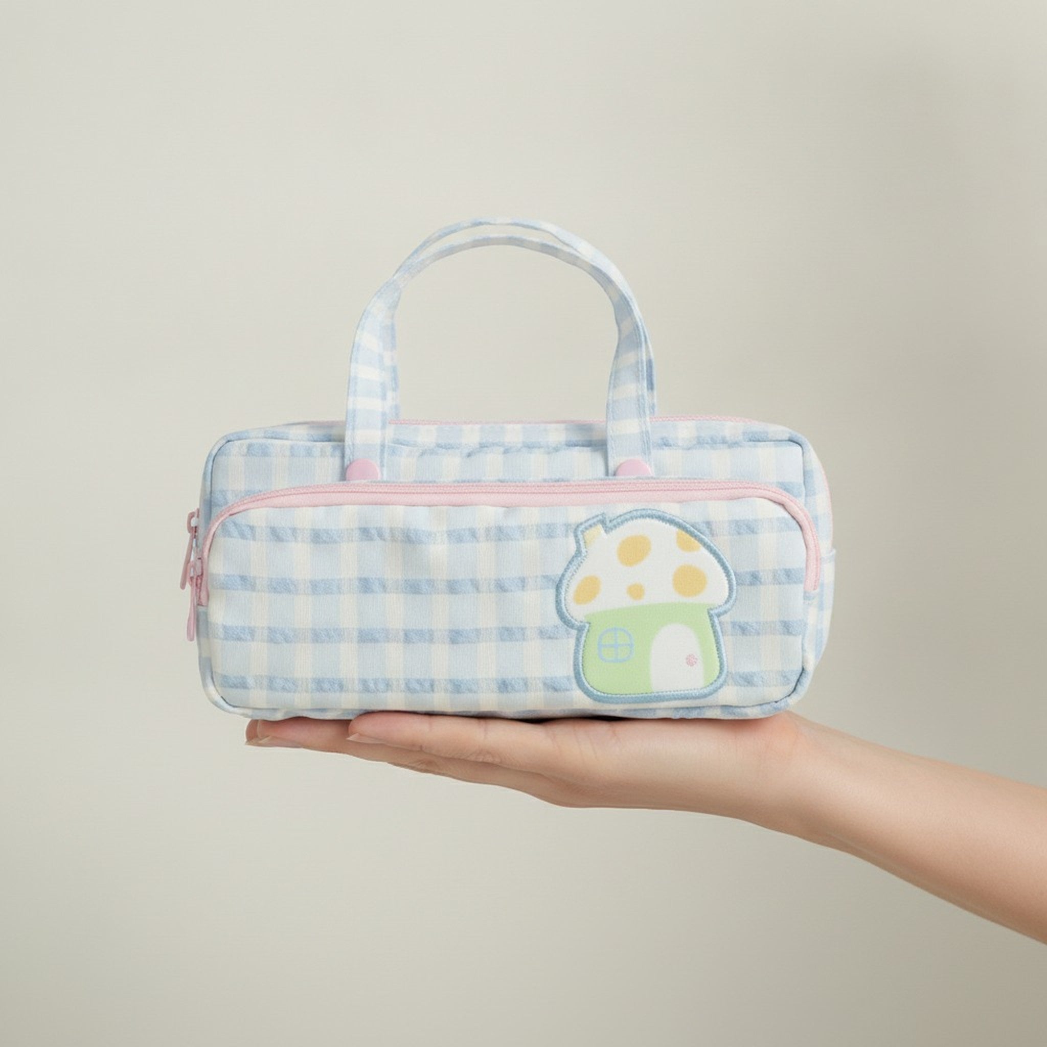 Cute Gingham Mushroom Dual-Zip Pencil Case – stationery (view 4)