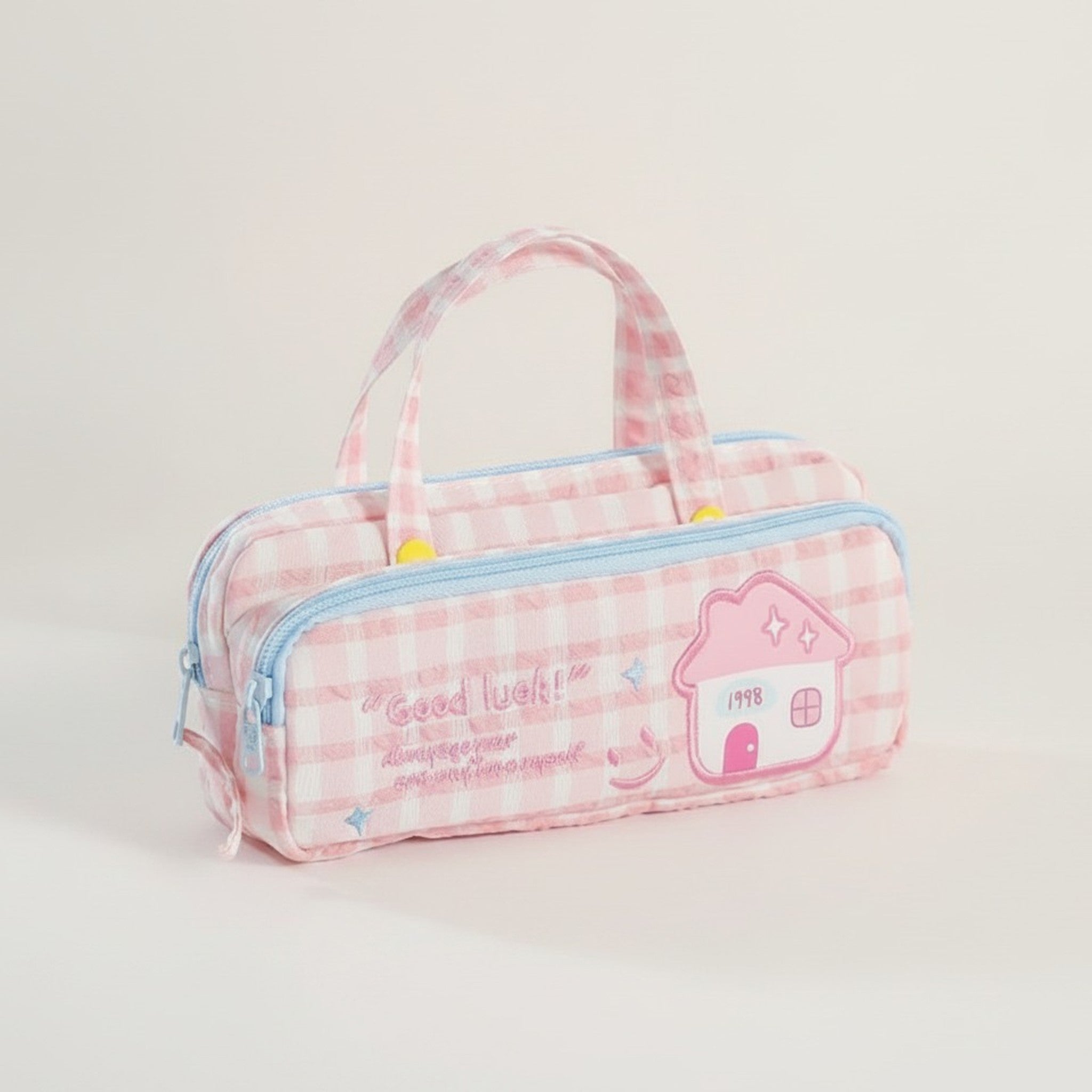 Cute Gingham Mushroom Dual-Zip Pencil Case – stationery (view 2)