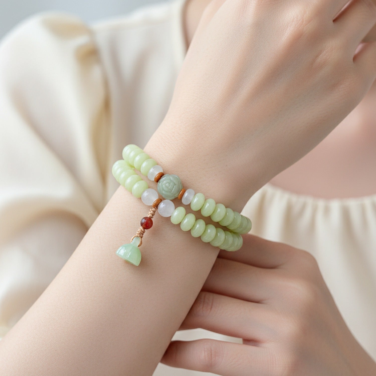 Jade Green Beaded Charm Bracelet Stack