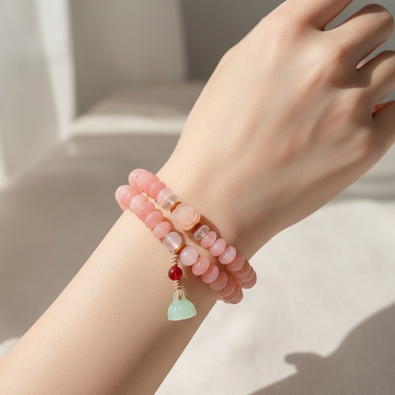 Pink Jade Beaded Bracelet With Green Jade Charm