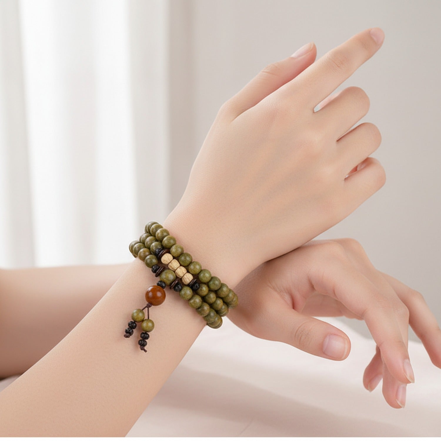 Wooden Beaded Bracelet With Amber Charm Tassel