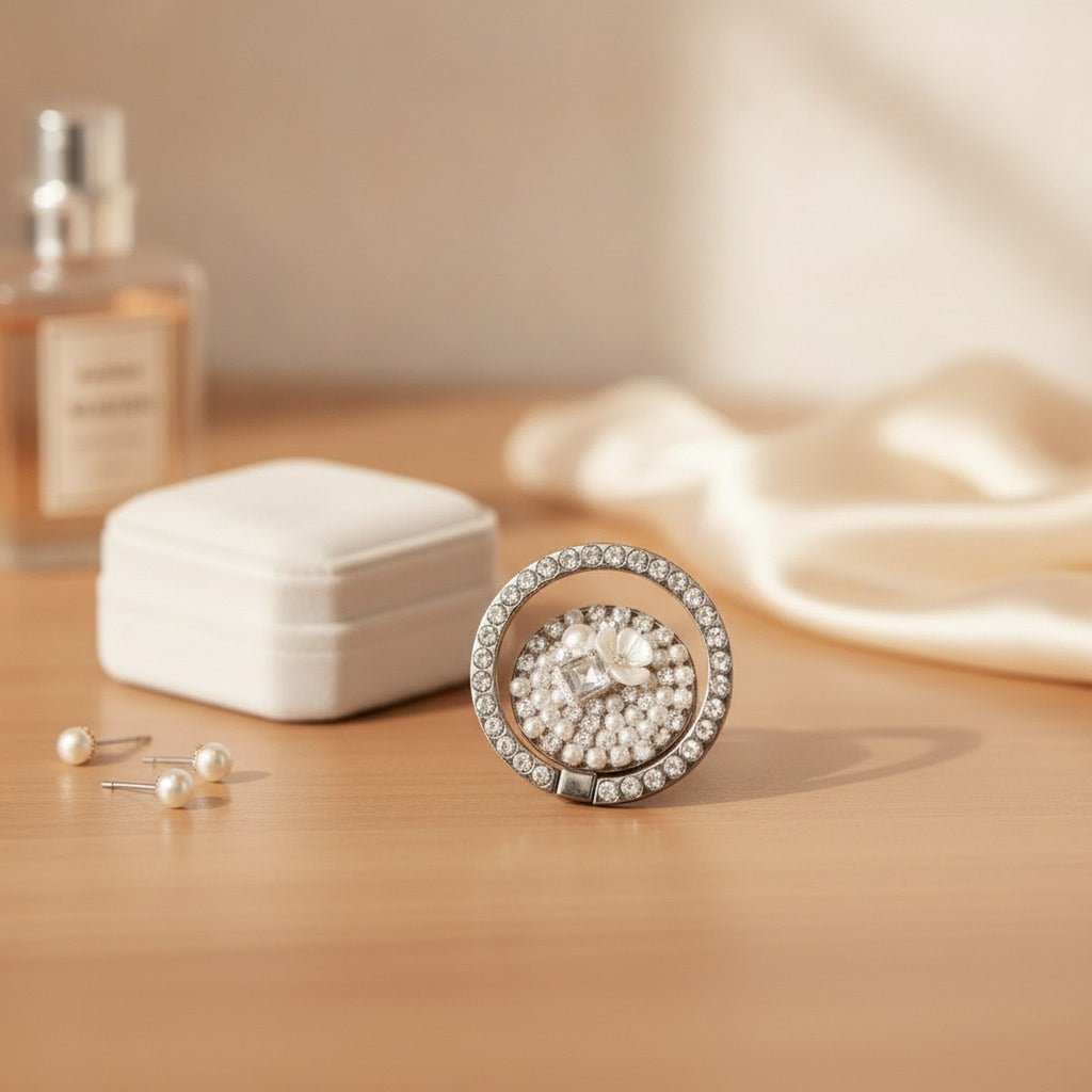 Sparkling Crystal Pearl Phone Ring Stand – tech (view 3)