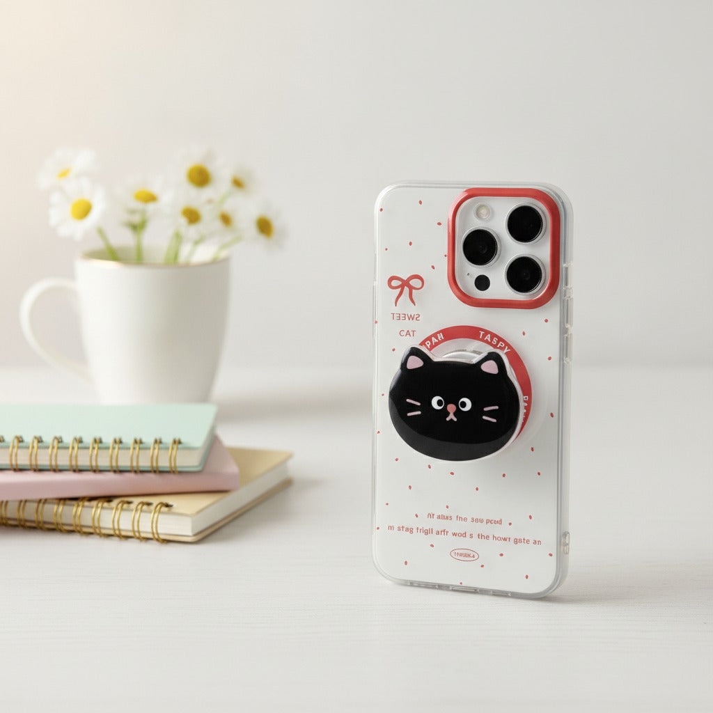 Cute Clear Black Cat Phone Stand Case – tech (view 2)