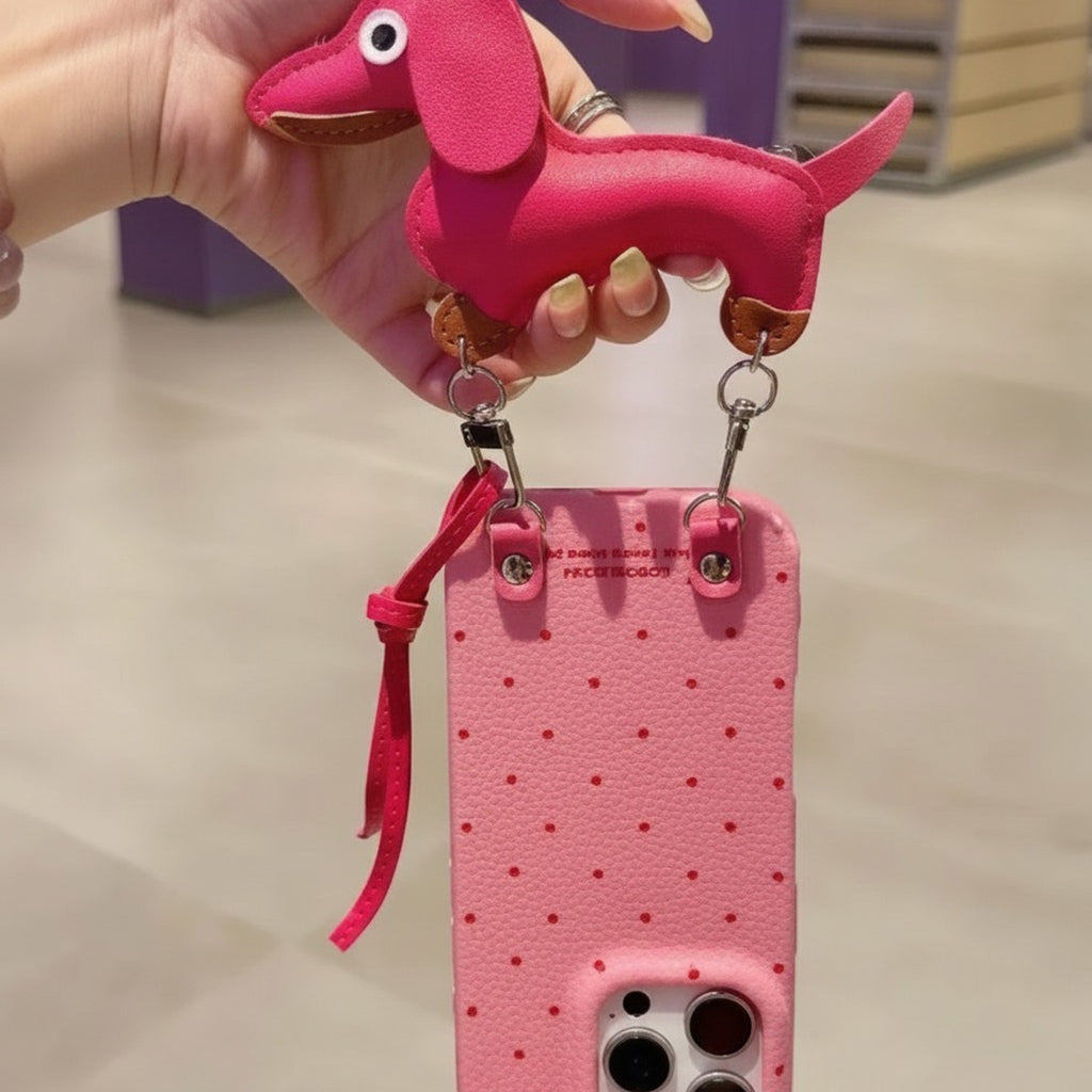 Rosered Dachshund Polka Dot Phone Case with Charm