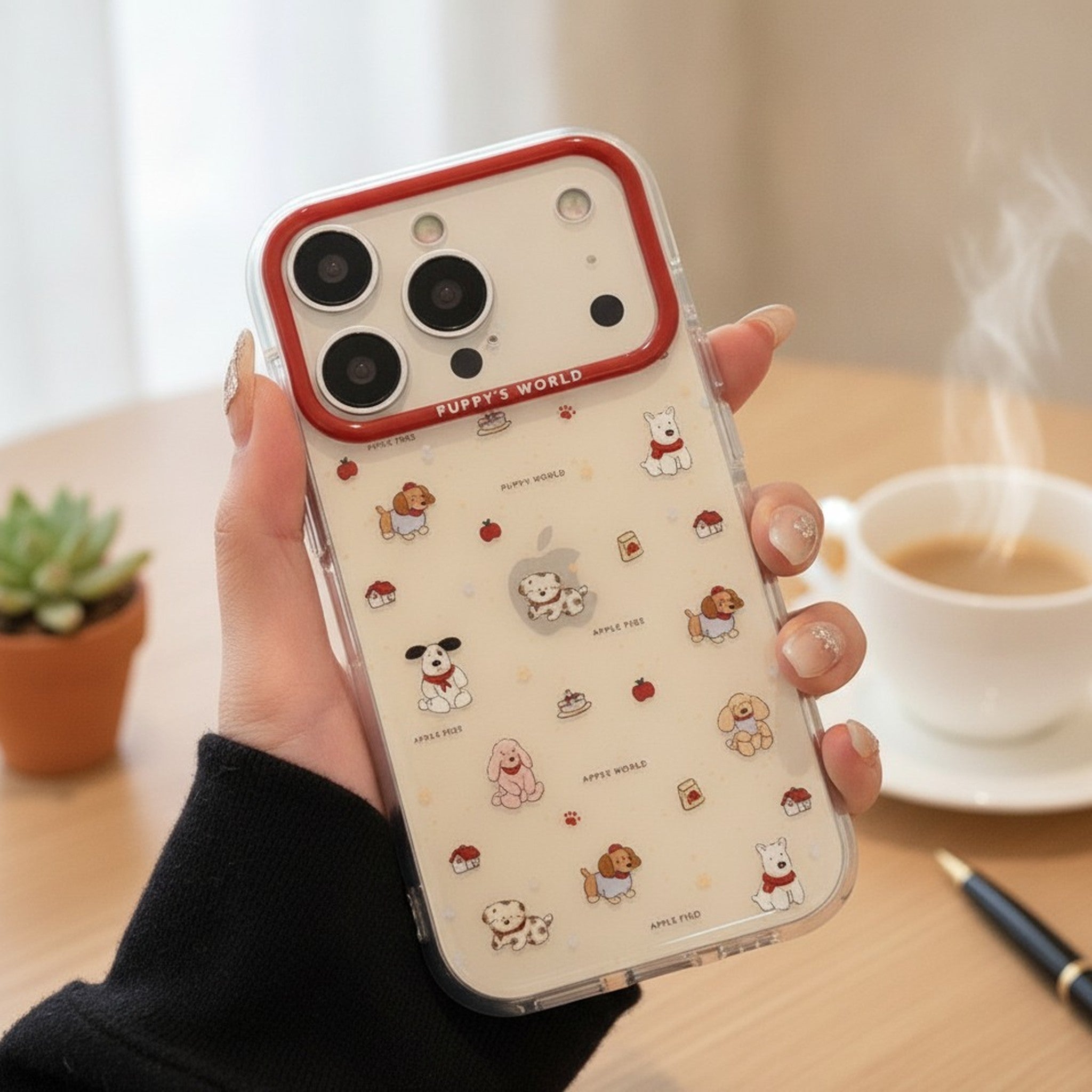 Adorable Puppy World Red Trim Clear iPhone Case