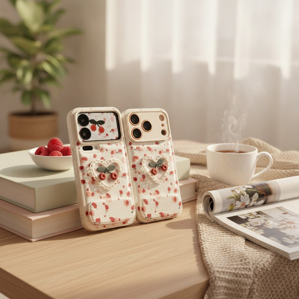 White 3D Cherry Heart Sliding Camera iPhone Case