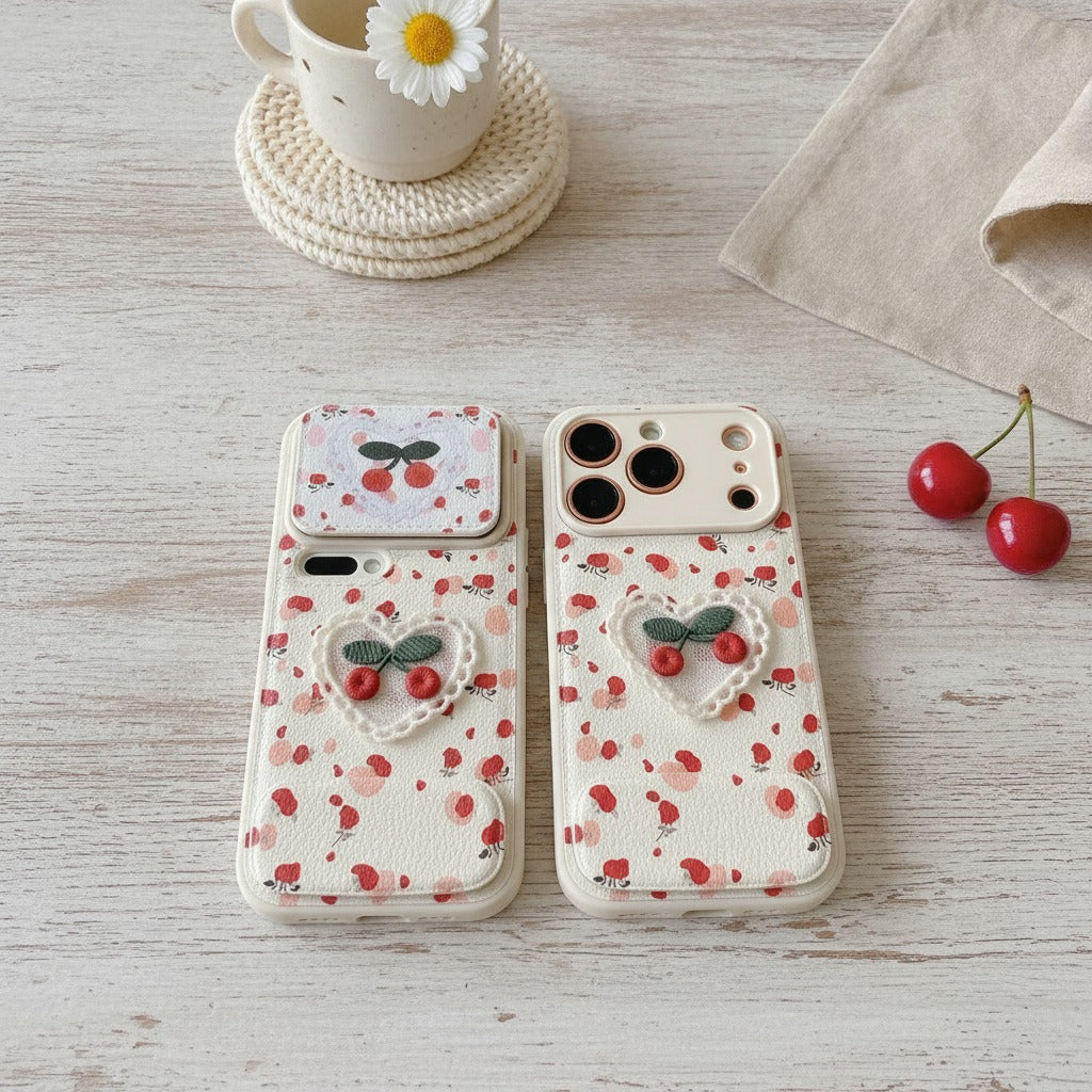 Embroidered Cherry Heart Mirror Phone Case – tech (view 2)