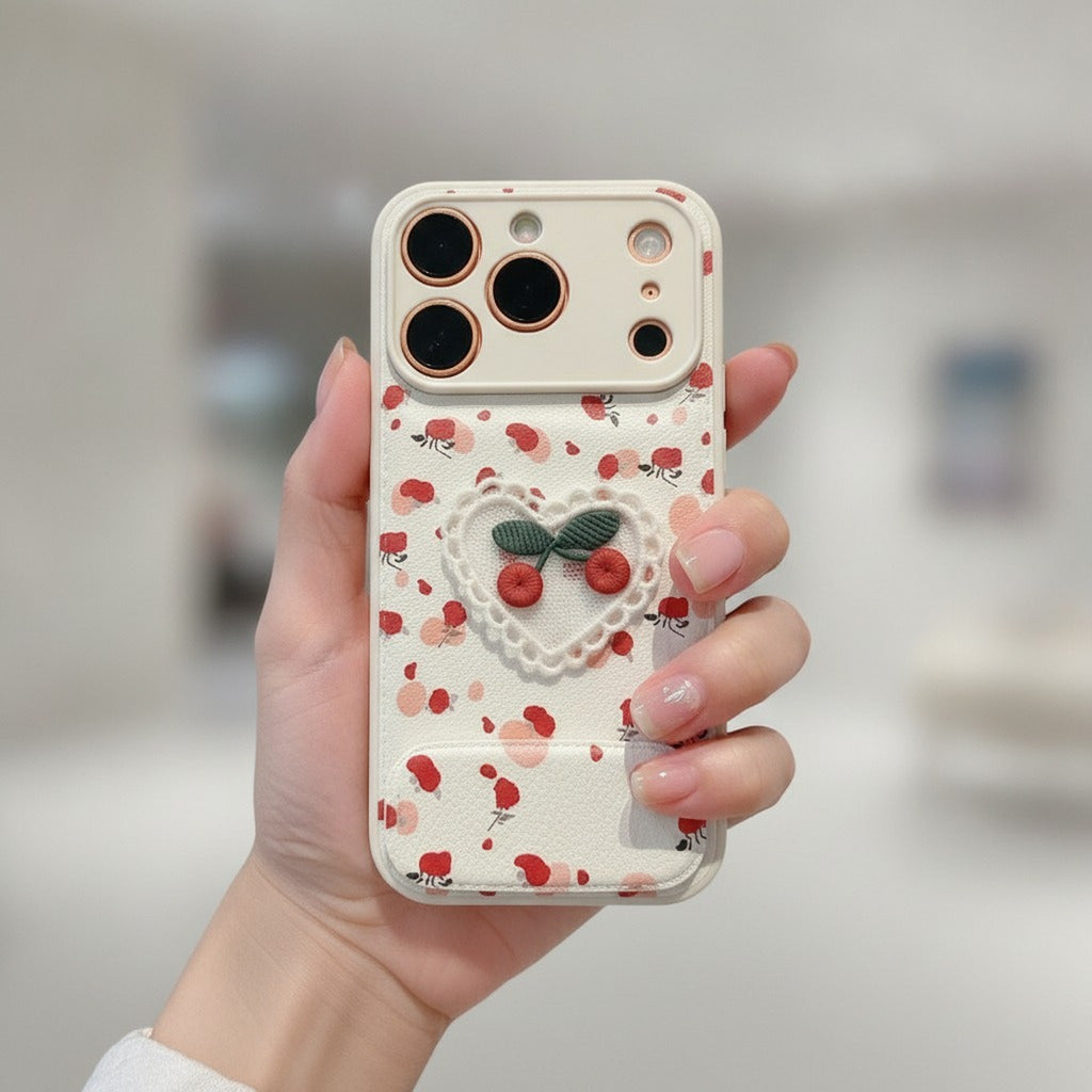 Embroidered Cherry Heart Mirror Phone Case – tech (view 3)