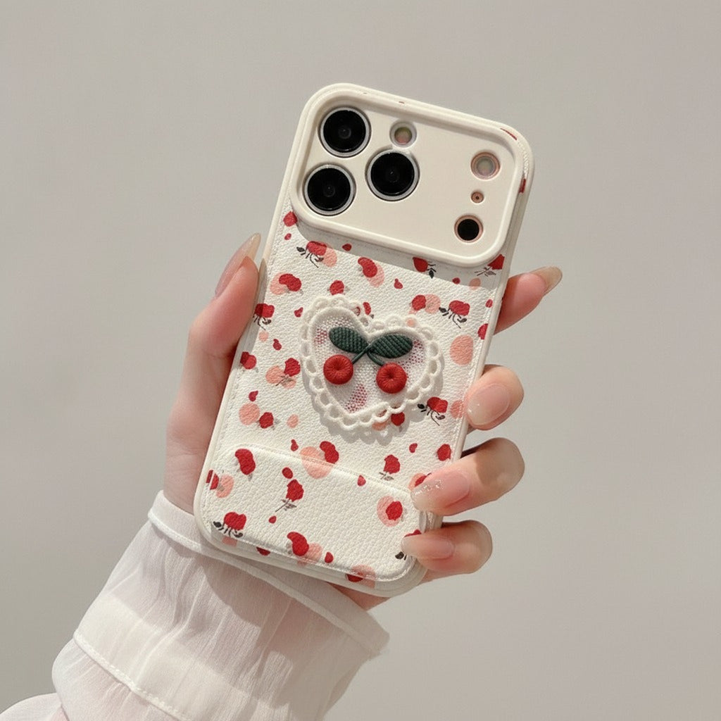 White 3D Cherry Heart Sliding Camera iPhone Case