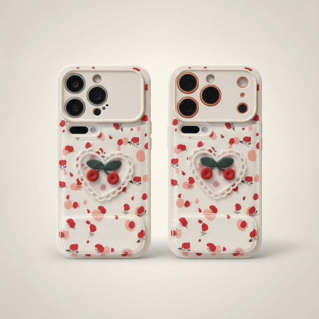 White 3D Cherry Heart Sliding Camera iPhone Case