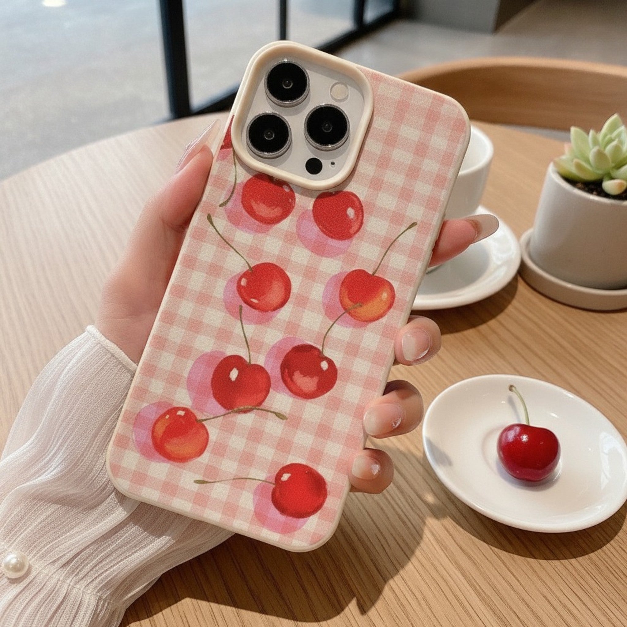 Pink Gingham Cherry Pattern Cute iPhone Case