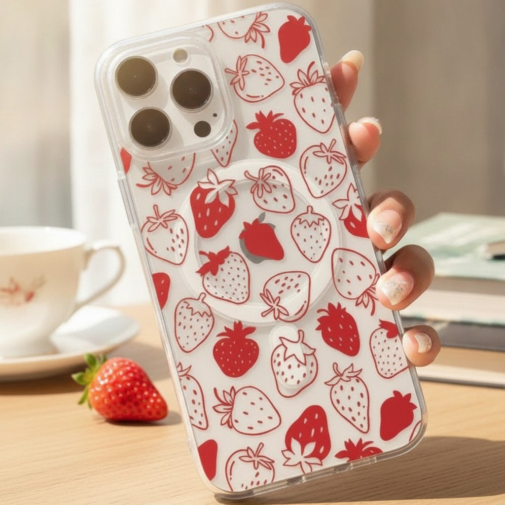 Pink Strawberry Pattern MagSafe Compatible Clear iPhone Case