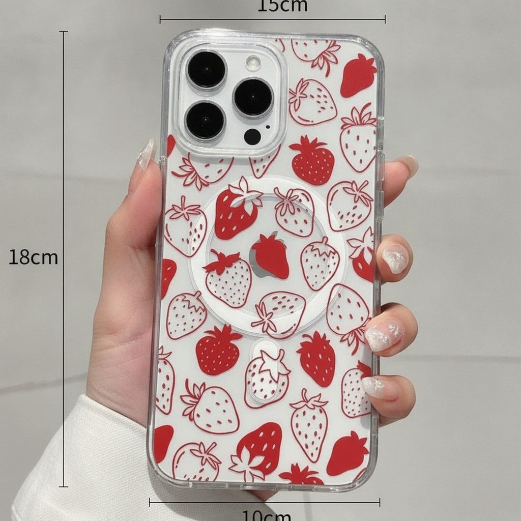 Pink Strawberry Pattern MagSafe Compatible Clear iPhone Case