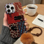Brown Cat Patchwork iPhone Case with Pompom Strap