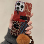 Brown Cat Patchwork iPhone Case with Pompom Strap