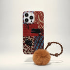 Brown Cat Patchwork iPhone Case with Pompom Strap