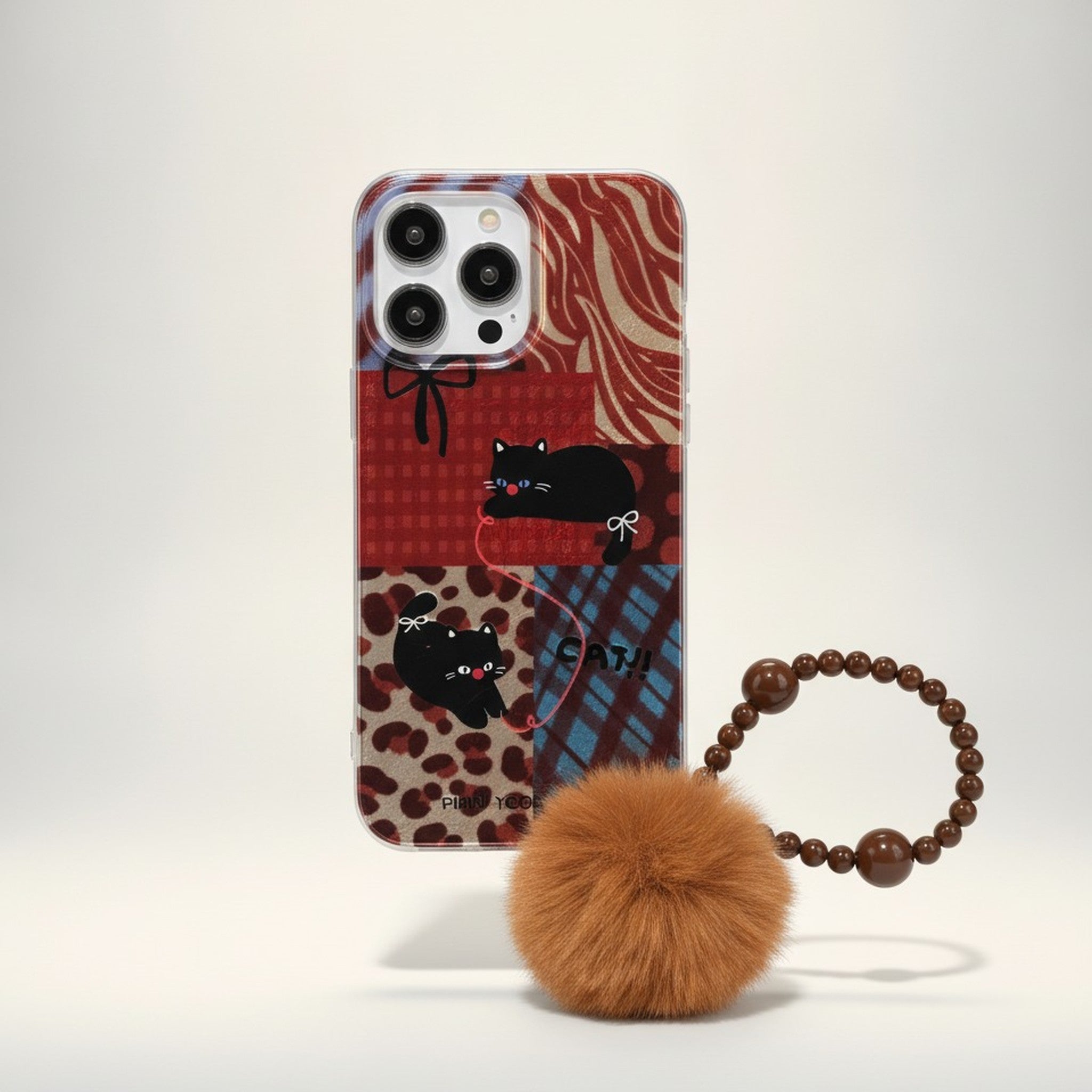 Brown Cat Patchwork iPhone Case with Pompom Strap
