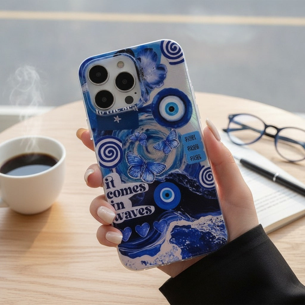 White Ocean Wave Evil Eye Butterfly iPhone Case