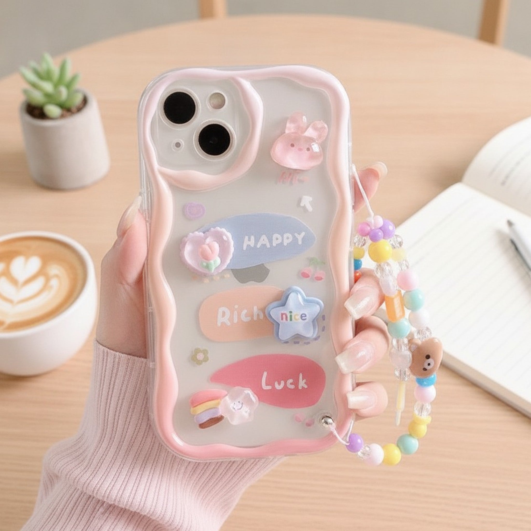 Transparent Wavy Edge Cute 3D Charm Phone Case with Beaded Strap