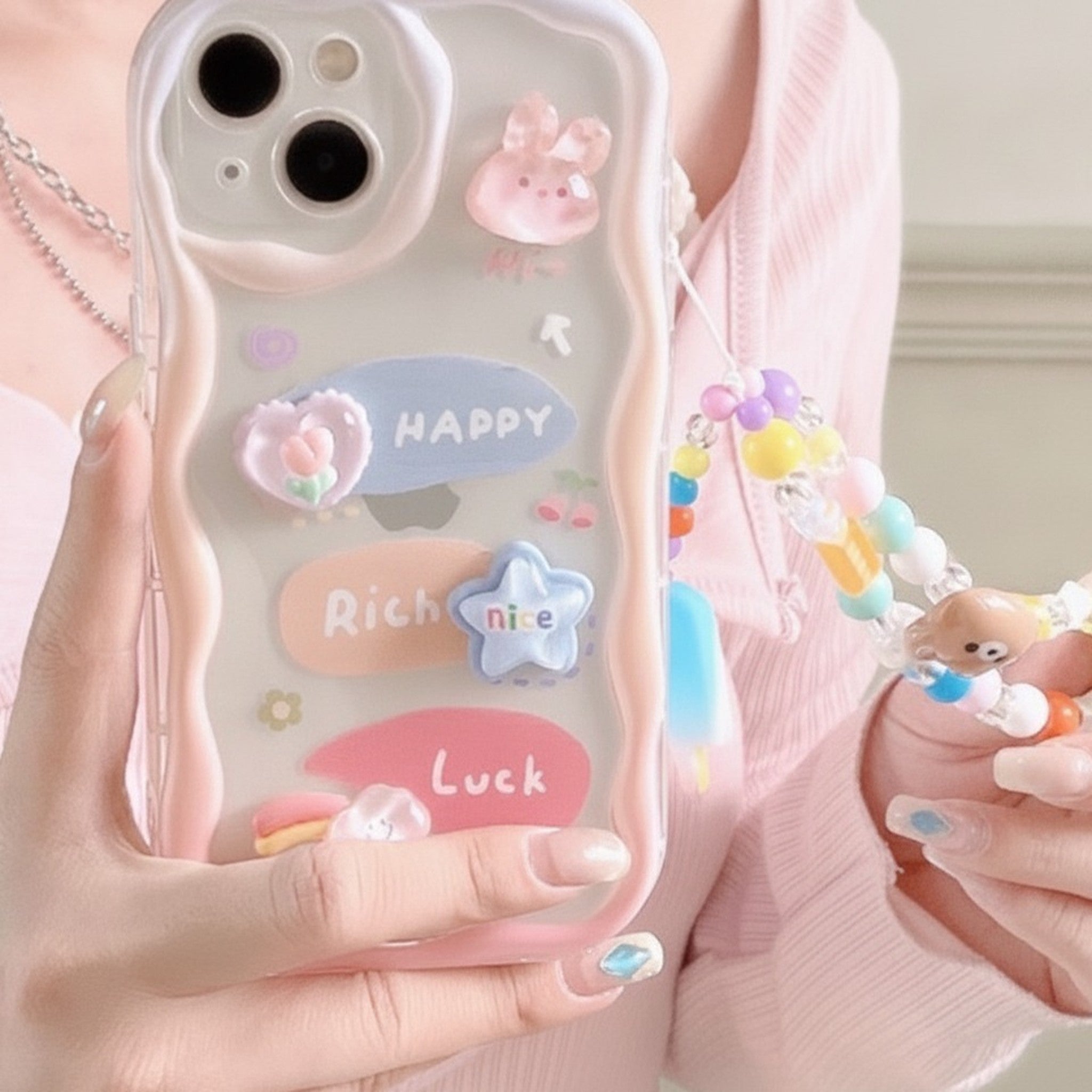 Transparent Wavy Edge Cute 3D Charm Phone Case with Beaded Strap