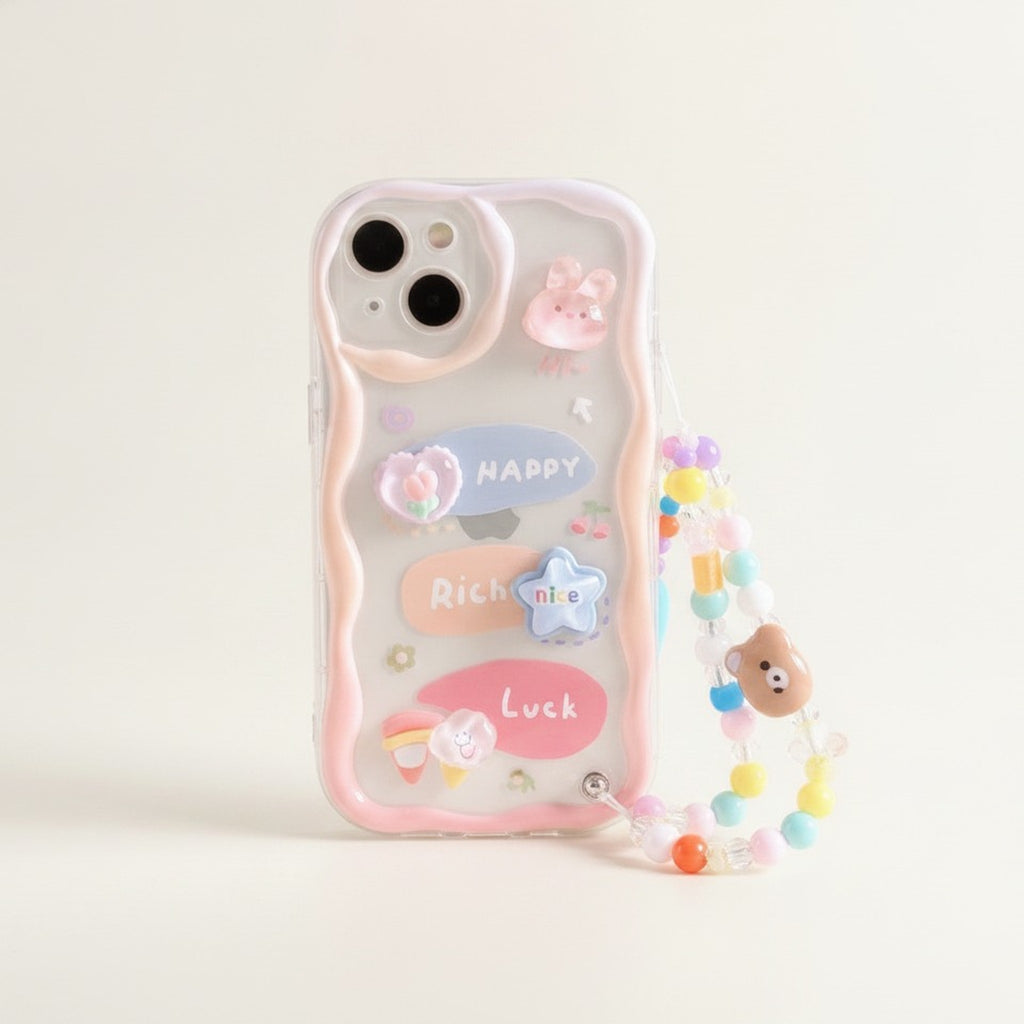 Transparent Wavy Edge Cute 3D Charm Phone Case with Beaded Strap