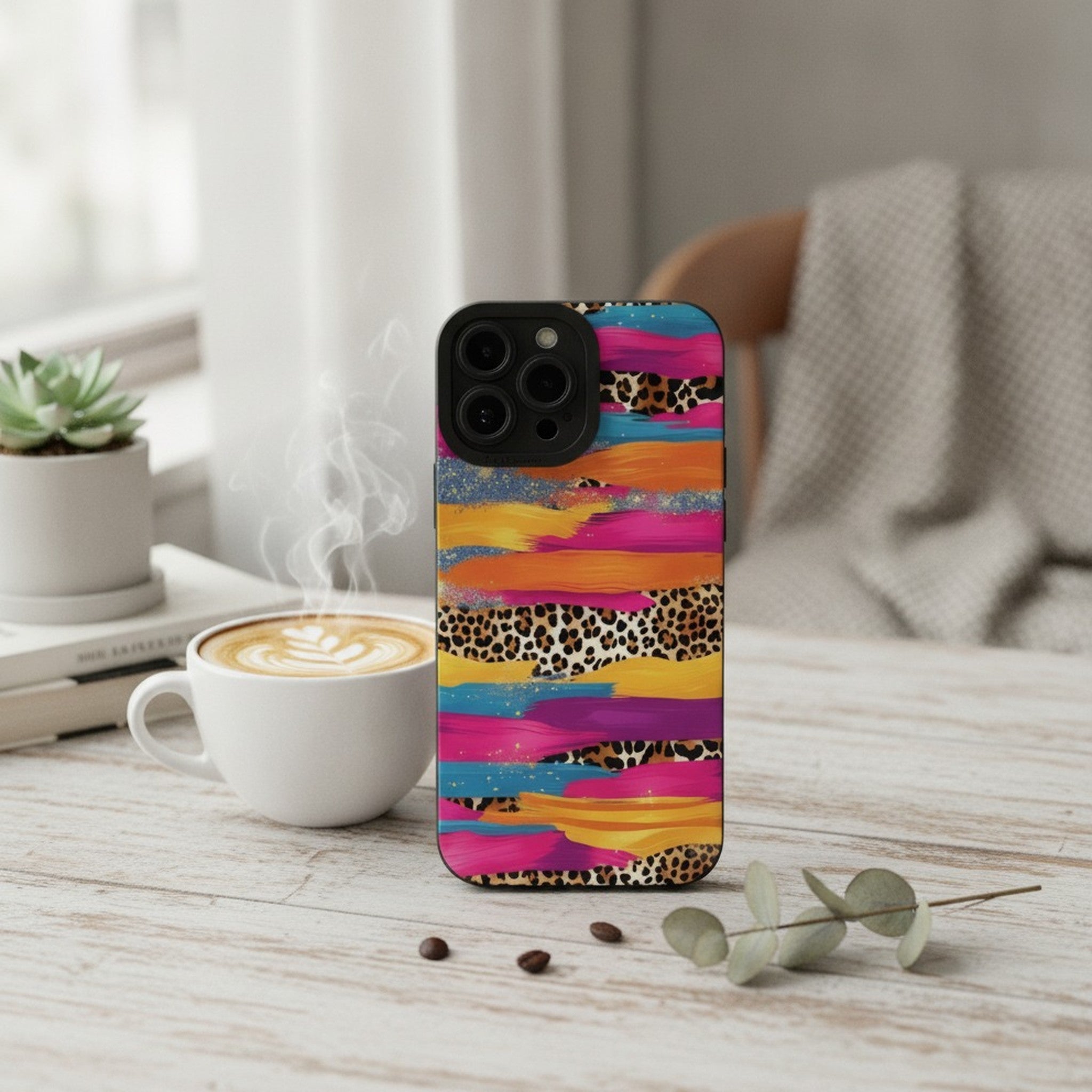 Stylish Leopard Print Colorful Brushstroke Glitter Phone Case