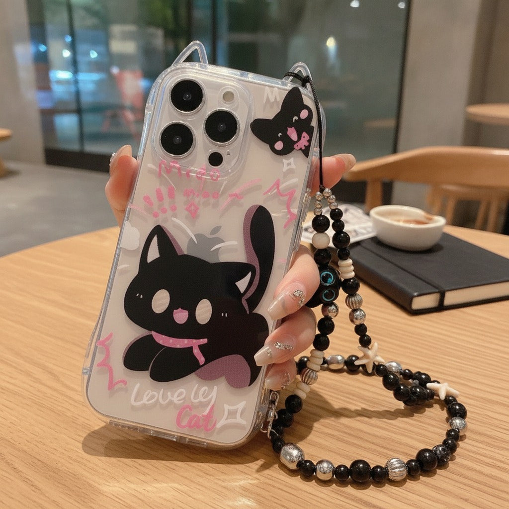 Cute Black Cartoon Cat Clear iPhone Case with Beaded Lanyard