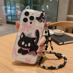 Cute Black Cartoon Cat Clear iPhone Case with Beaded Lanyard