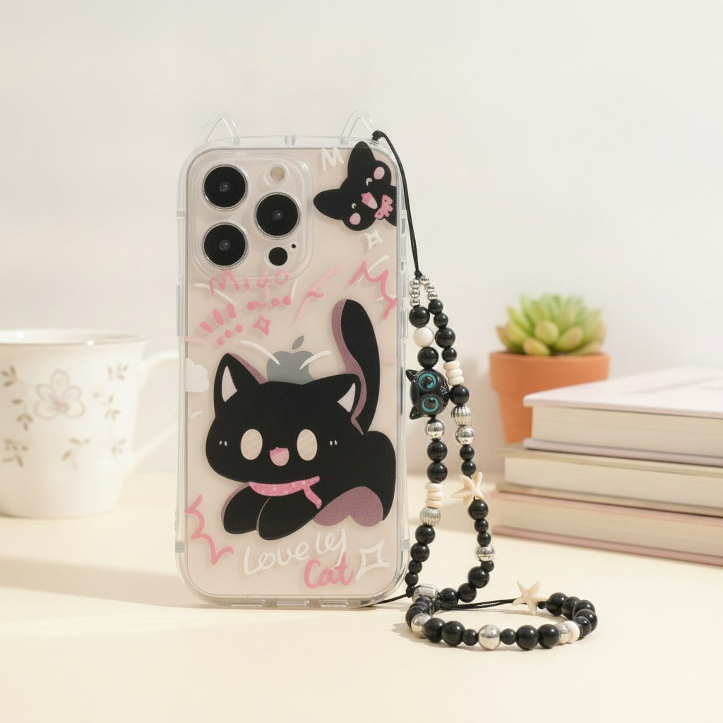 Clear Cat iPhone Case with Beaded Strap – tech (view 2)
