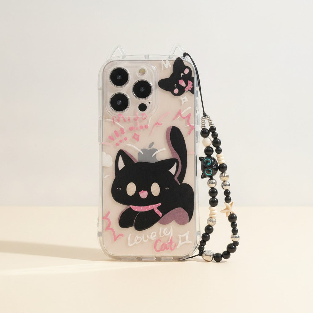 Clear Cat iPhone Case with Beaded Strap – tech (view 1)
