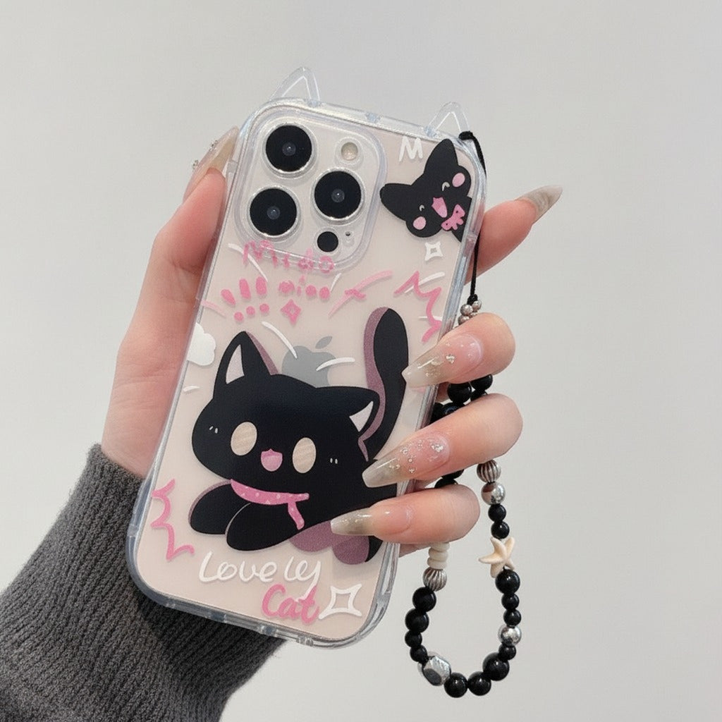 Cute Black Cartoon Cat Clear iPhone Case with Beaded Lanyard