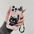 Cute Black Cartoon Cat Clear iPhone Case with Beaded Lanyard
