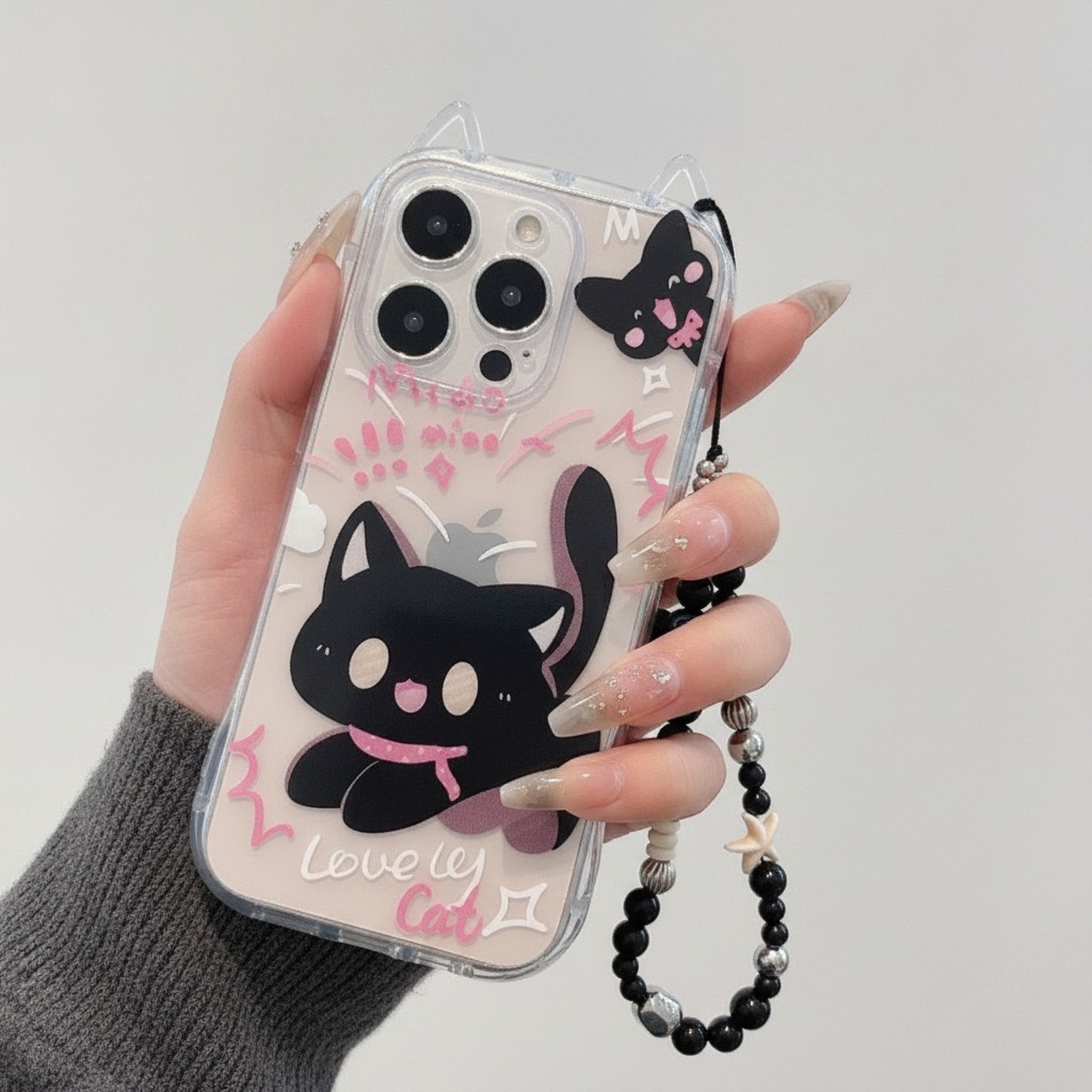 Cute Black Cartoon Cat Clear iPhone Case with Beaded Lanyard