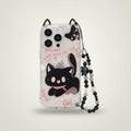 Cute Black Cartoon Cat Clear iPhone Case with Beaded Lanyard