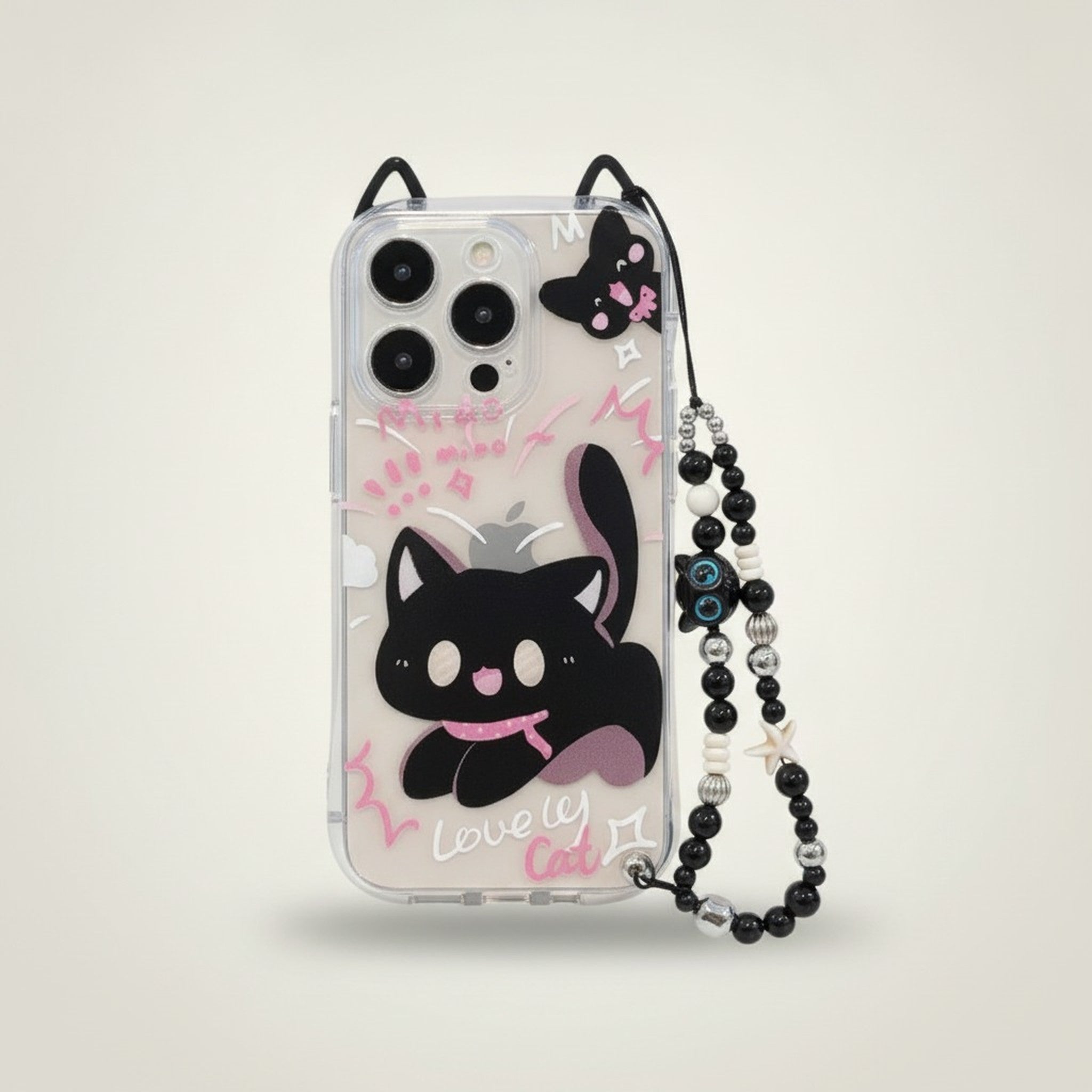 Cute Black Cartoon Cat Clear iPhone Case with Beaded Lanyard