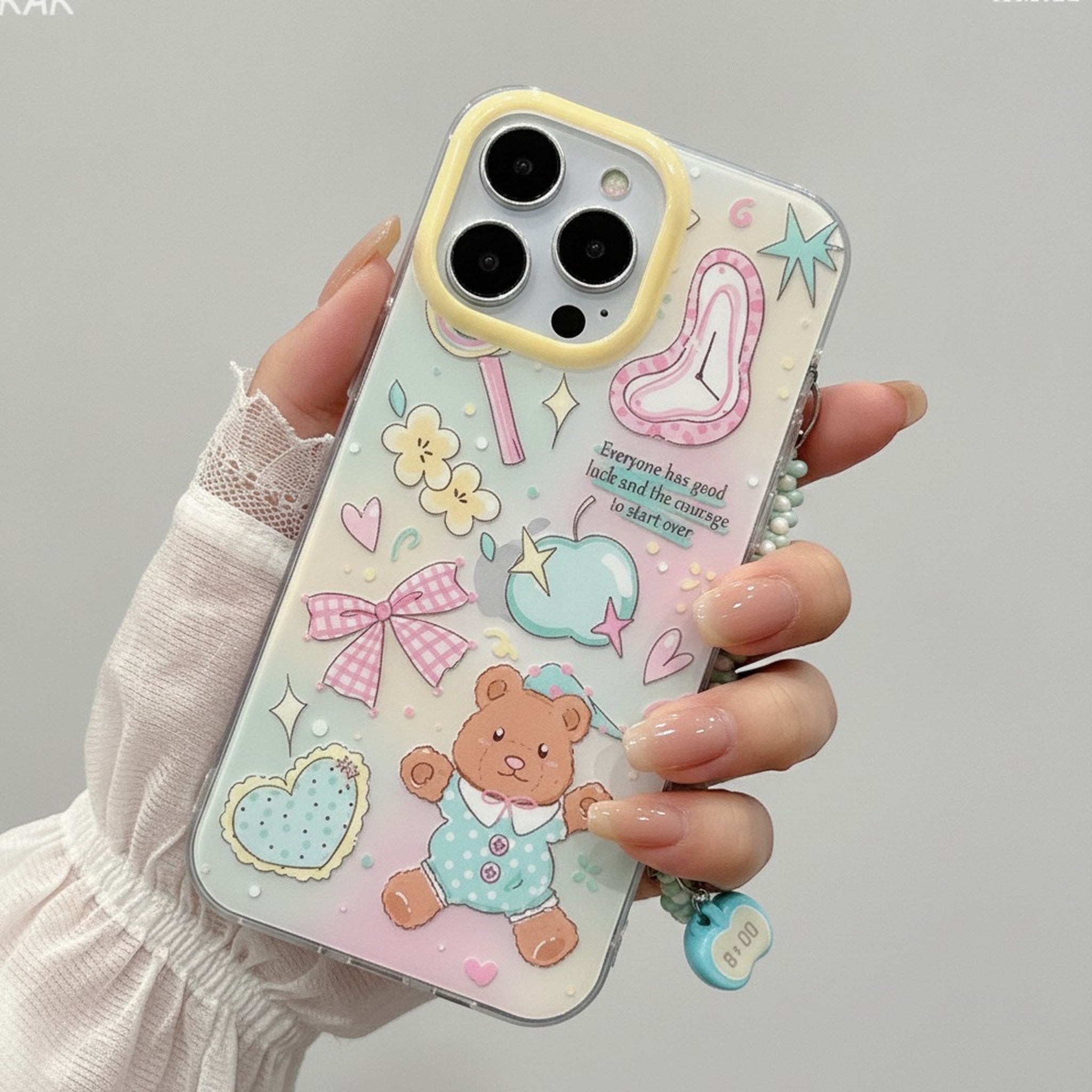 White Whimsical Clear iPhone Case with Teddy Bear Charm