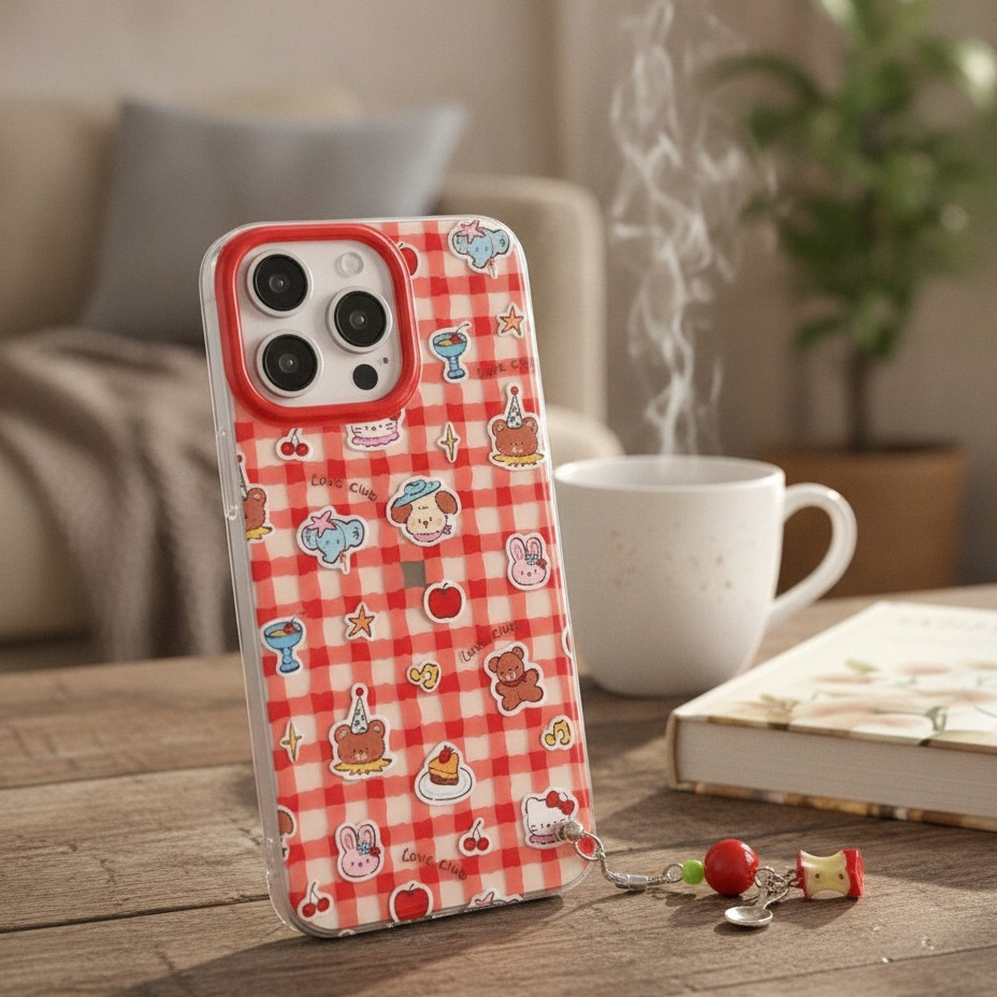 Red Gingham Plaid Cute Cartoon Sticker iPhone Case