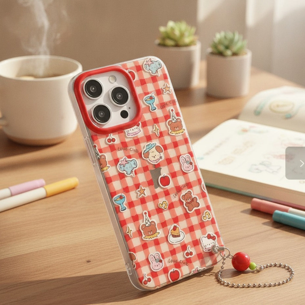 Cute Gingham Animal Sticker Phone Case with Charm – tech (view 2)