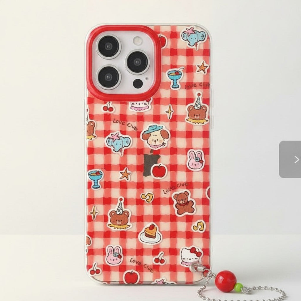 Cute Gingham Animal Sticker Phone Case with Charm – tech (view 1)